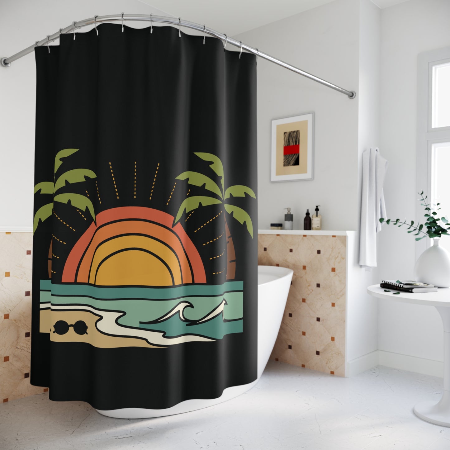 Beach Waves Palm Trees Shower Curtain — Tropical Sun Coastal Bathroom Decor