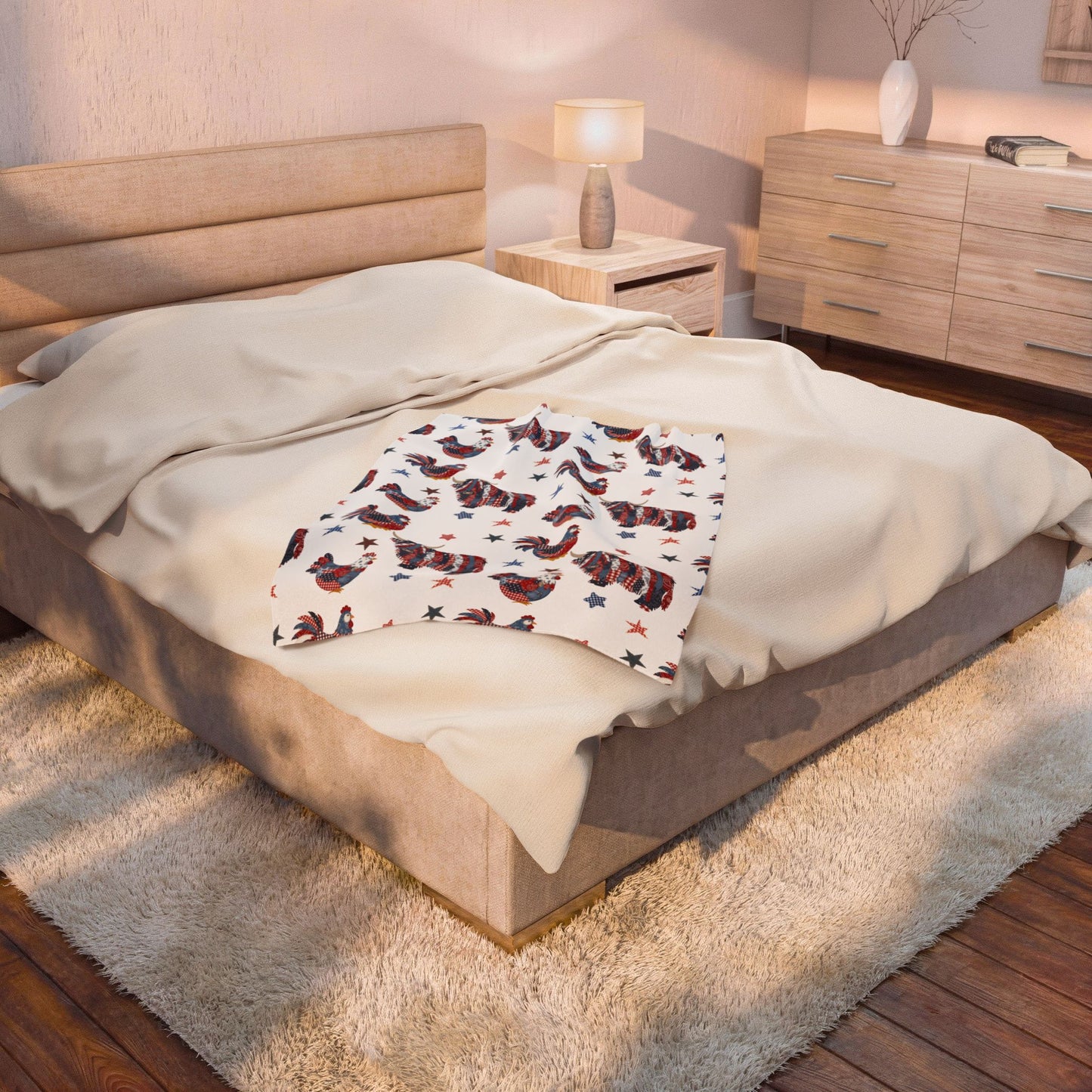 Patriotic Rooster and Highland Cow Velveteen Plush Blanket | Fourth of July farm animal pattern