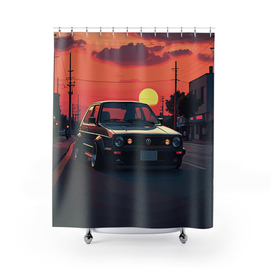Retro City Sunset Shower Curtains, Volkswagen GTI MKII Car Enthusiast Home Decor, Fun Unique Bathroom Decoration, Vintage Car Lover Gift,