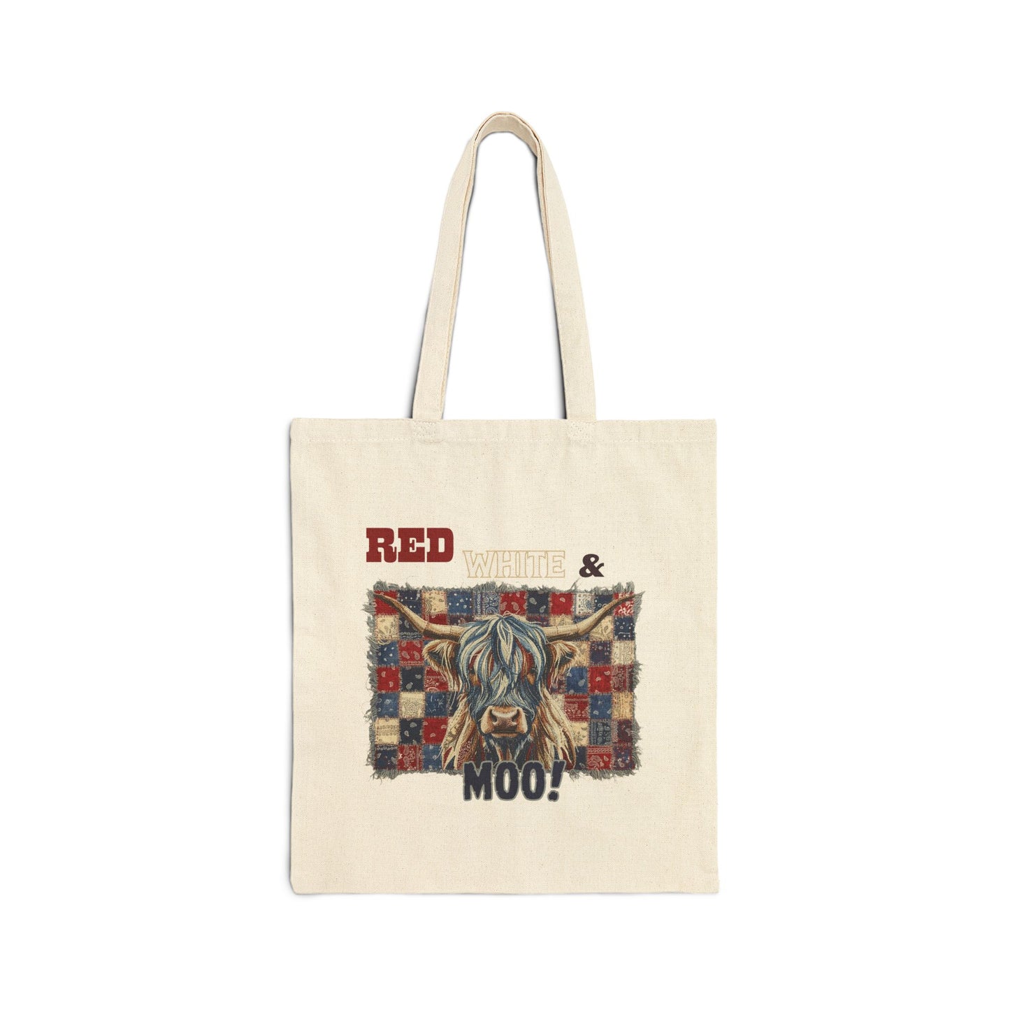 Red, White & Moo! Patriotic Highland Cow Illustration Tote Bag | Quilted Patchwork Ranch Art