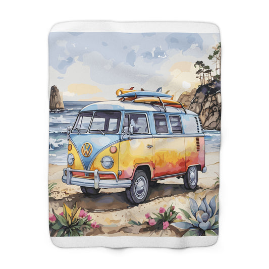 Sherpa Fleece Blanket, Watercolor Beach Bus Gift Vibrant, Coastal Home Decor, Summer Housewarming Present, Ocean Lover Throw, Tropical