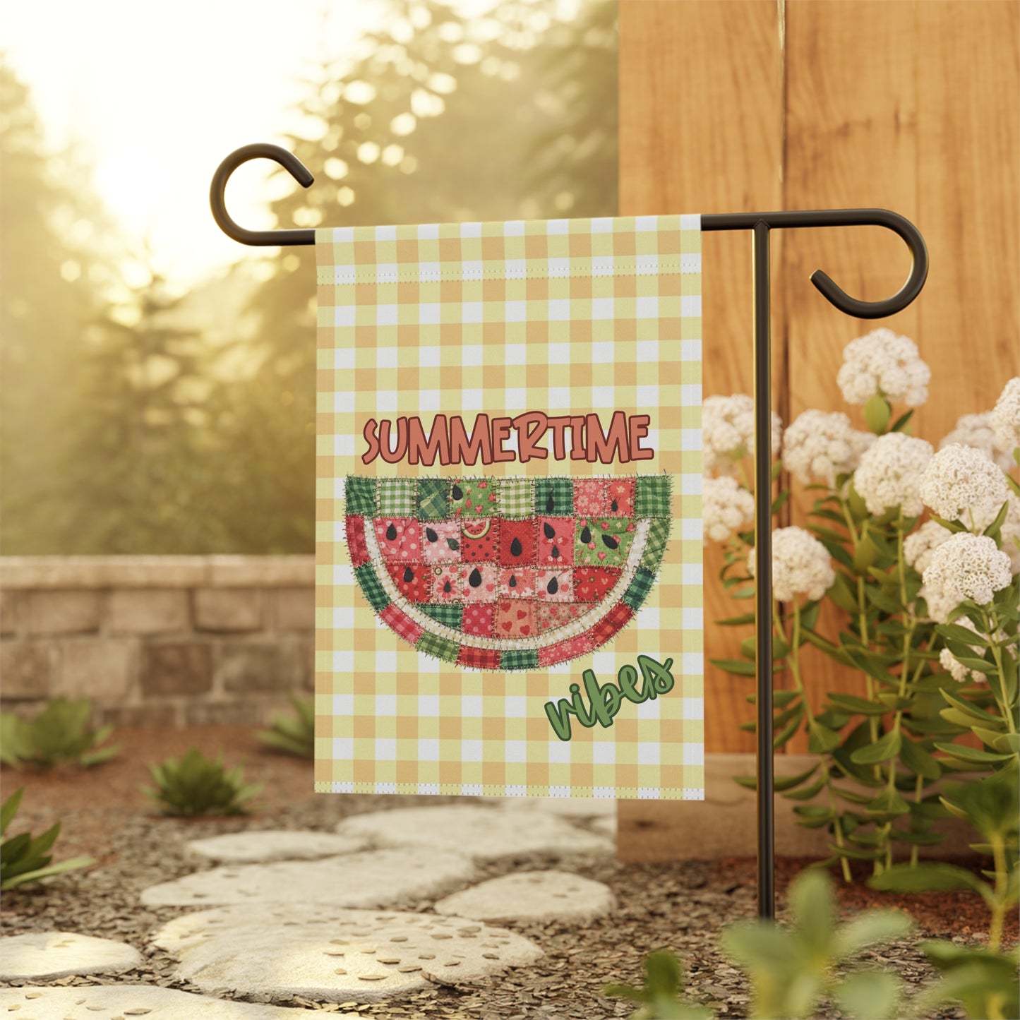 Summertime Vibes Watermelon Patchwork Gingham Garden Flag | House Banner
