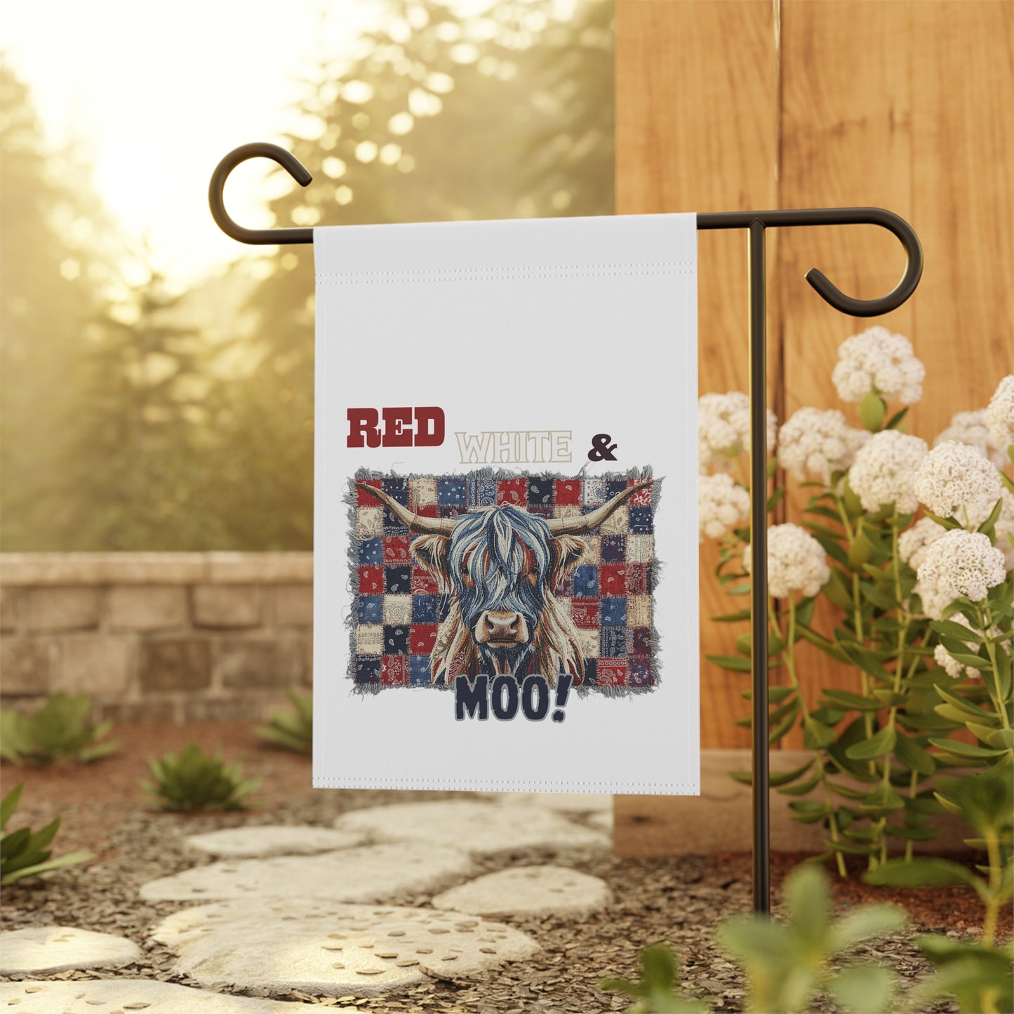 Red White & Moo! Highland Cow Garden Flag | Garden Banner