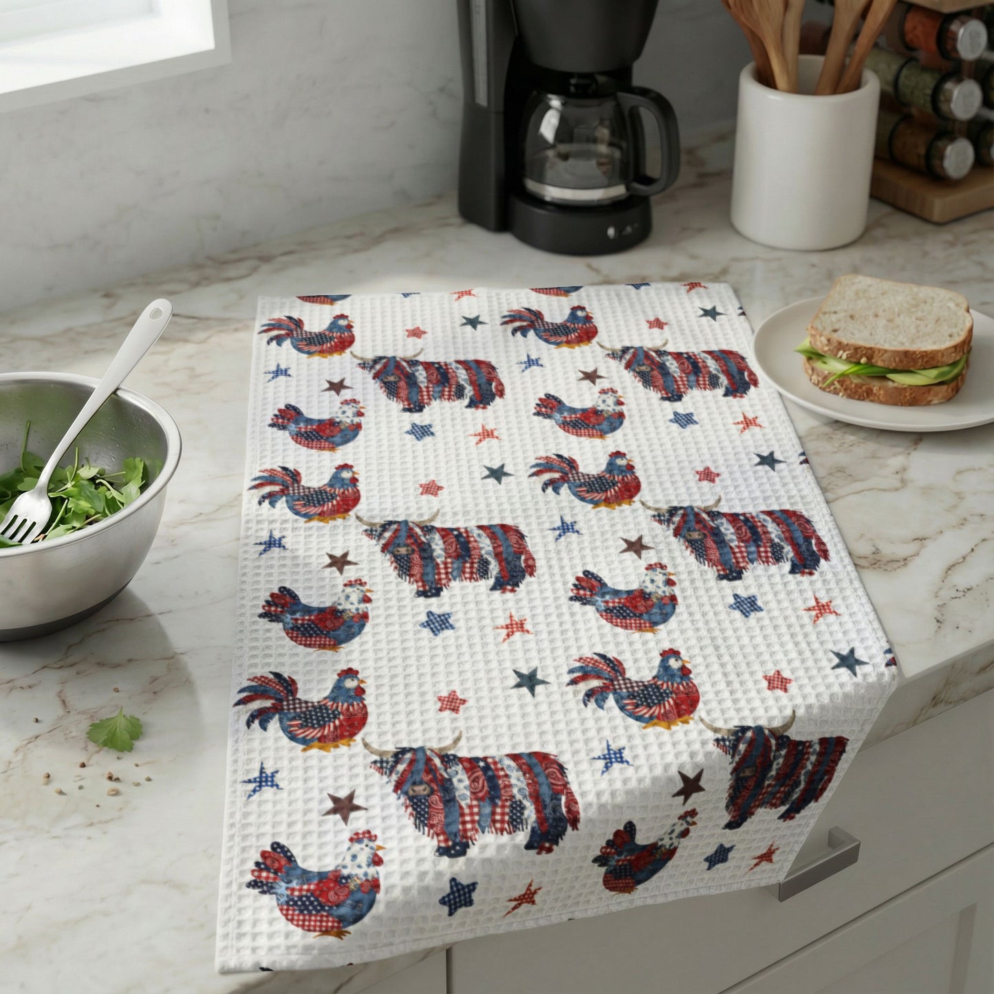 Patriotic Rooster and Highland Cow Pattern Waffle Weave Kitchen Hand Towel | Americana Stars