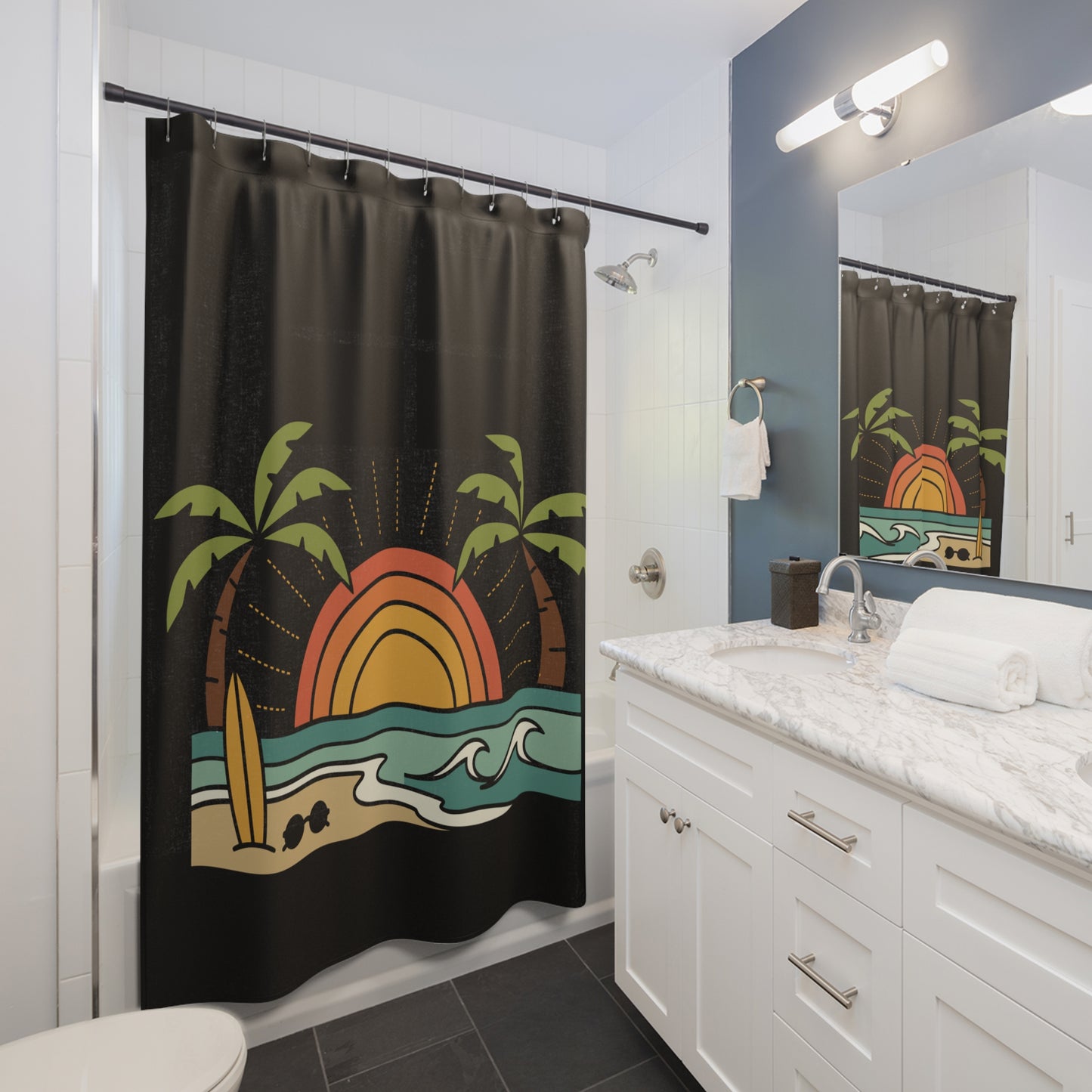 Beach Waves Palm Trees Shower Curtain — Tropical Sun Coastal Bathroom Decor