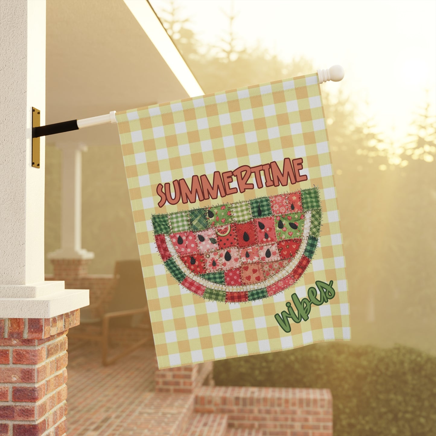 Summertime Vibes Watermelon Patchwork Gingham Garden Flag | House Banner