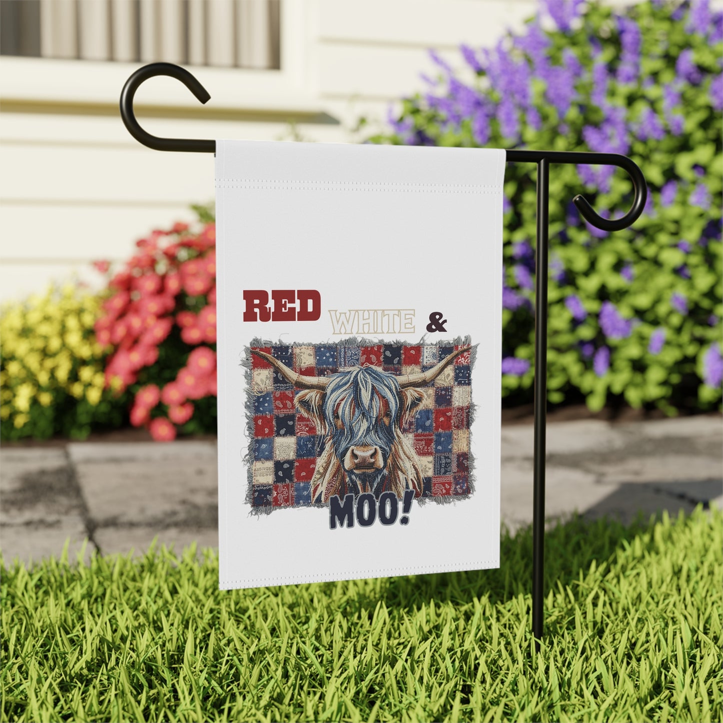Red White & Moo! Highland Cow Garden Flag | Garden Banner