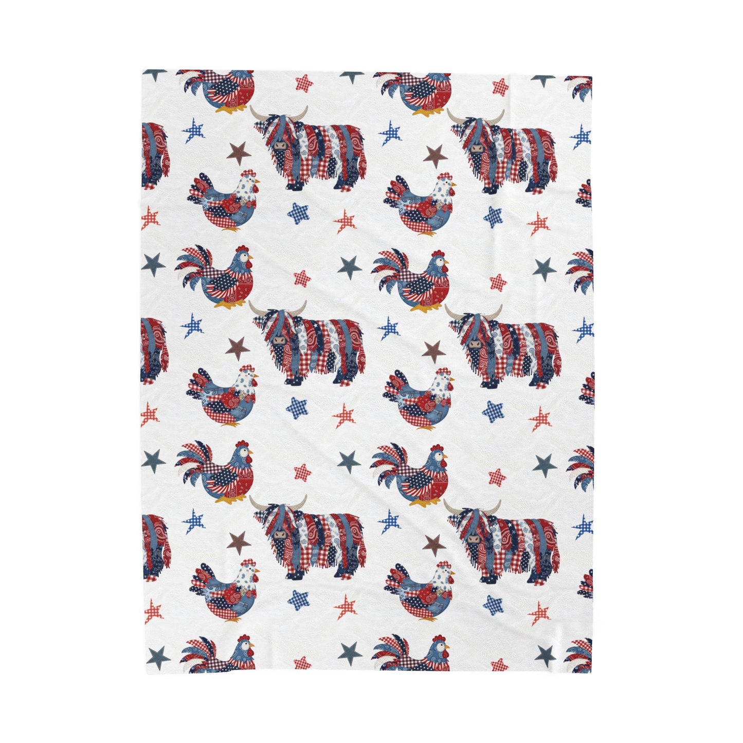 Patriotic Rooster and Highland Cow Velveteen Plush Blanket | Fourth of July farm animal pattern