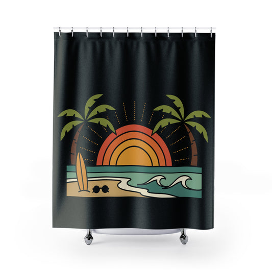 Beach Waves Palm Trees Shower Curtain — Tropical Sun Coastal Bathroom Decor