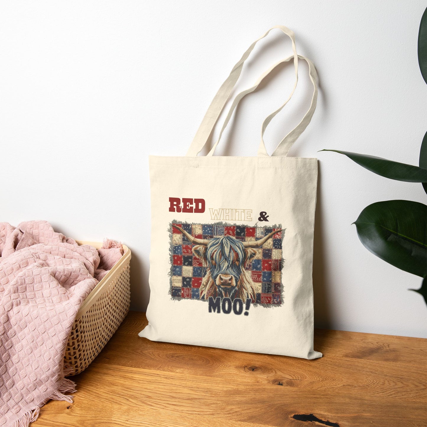 Red, White & Moo! Patriotic Highland Cow Illustration Tote Bag | Quilted Patchwork Ranch Art