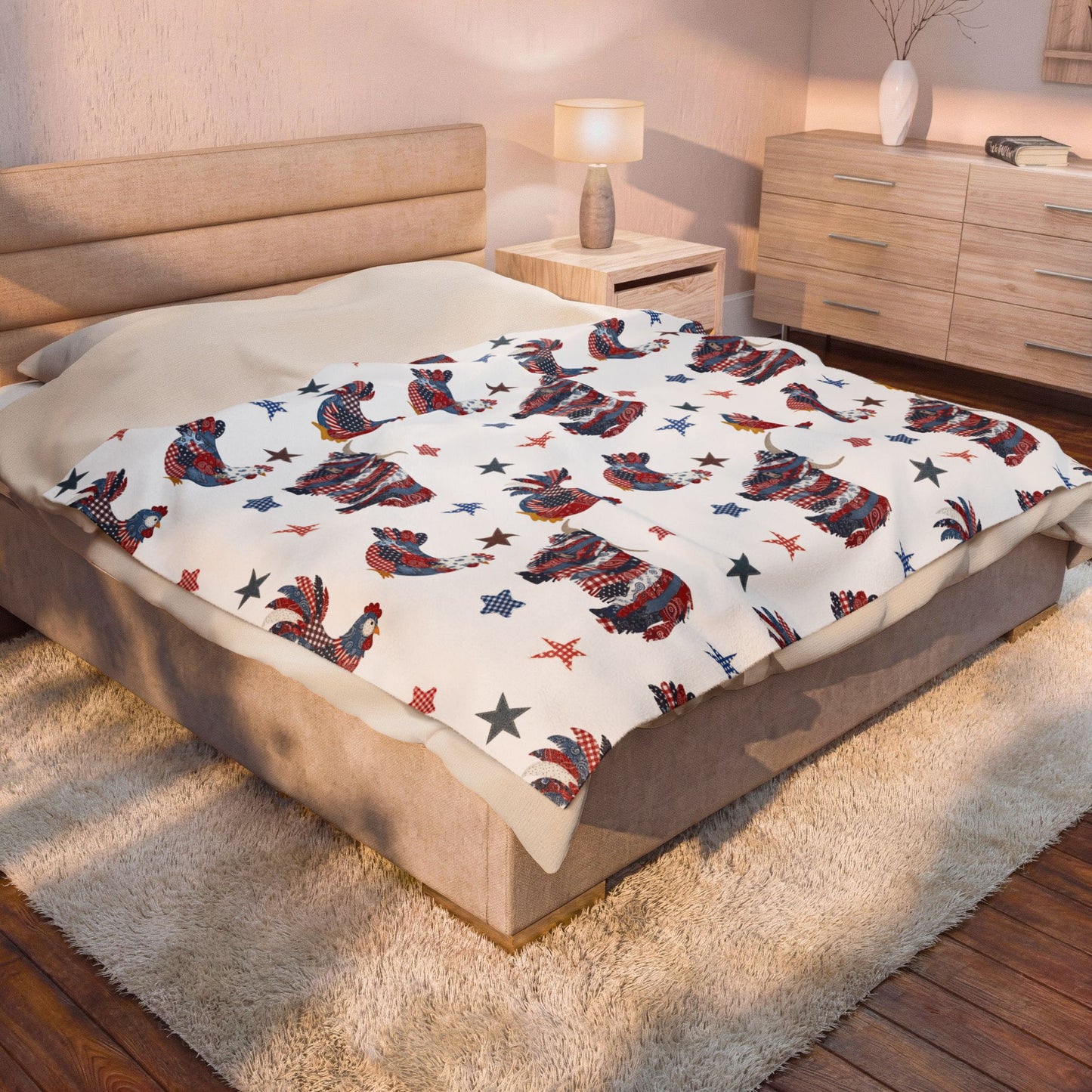 Patriotic Rooster and Highland Cow Velveteen Plush Blanket | Fourth of July farm animal pattern