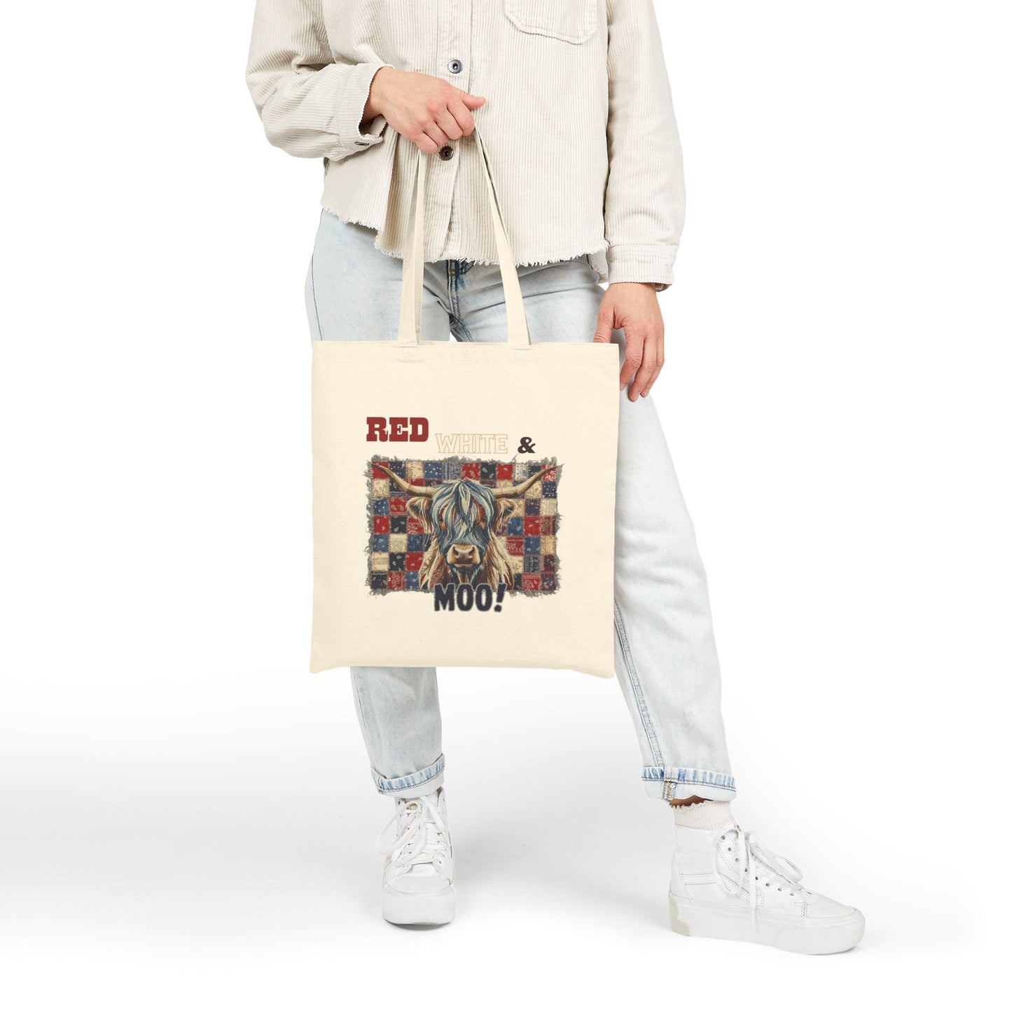 Red, White & Moo! Patriotic Highland Cow Illustration Tote Bag | Quilted Patchwork Ranch Art