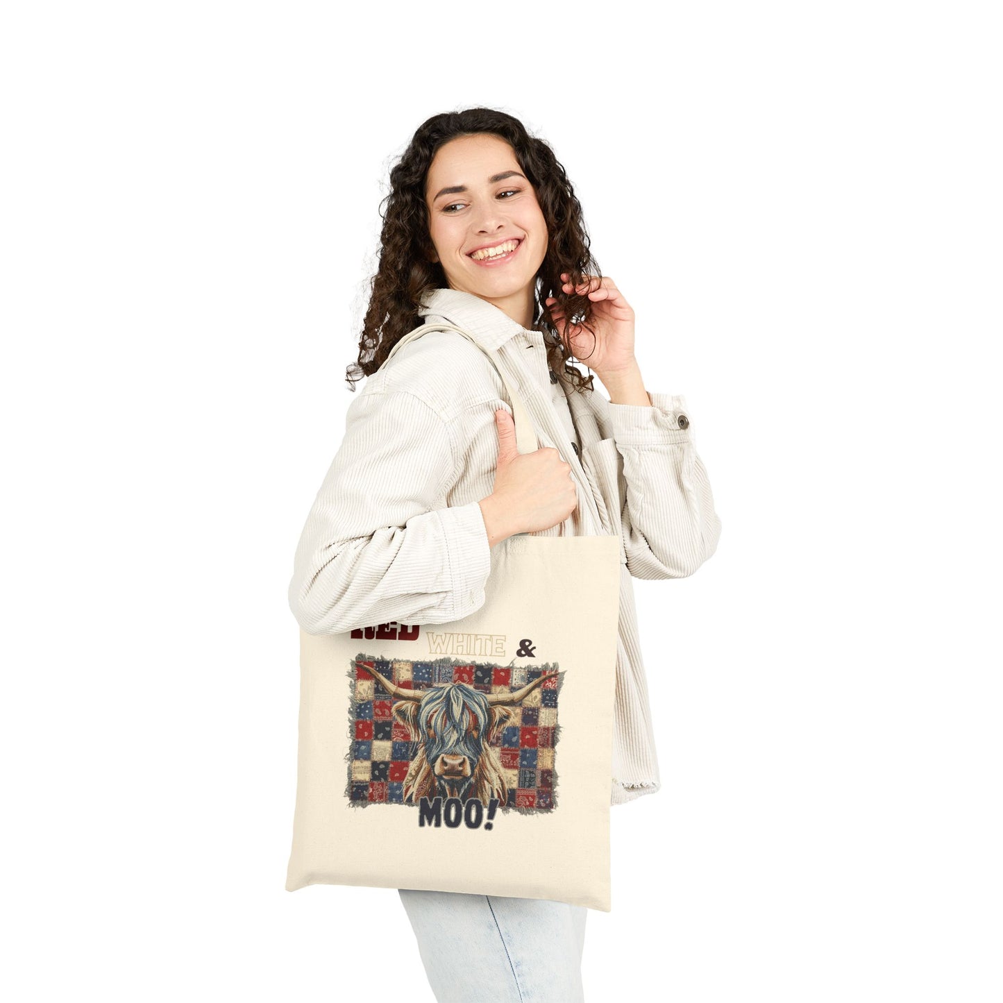 Red, White & Moo! Patriotic Highland Cow Illustration Tote Bag | Quilted Patchwork Ranch Art