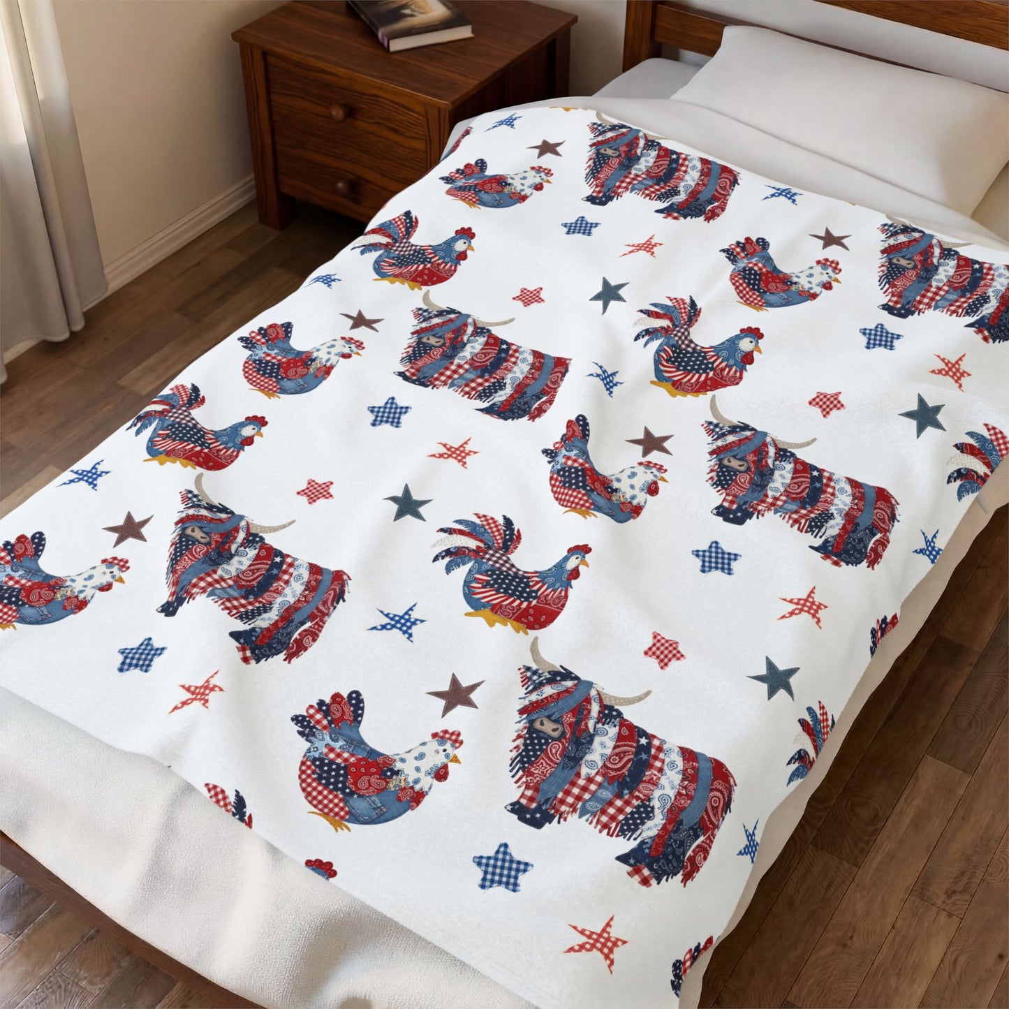 Patriotic Rooster and Highland Cow Velveteen Plush Blanket | Fourth of July farm animal pattern