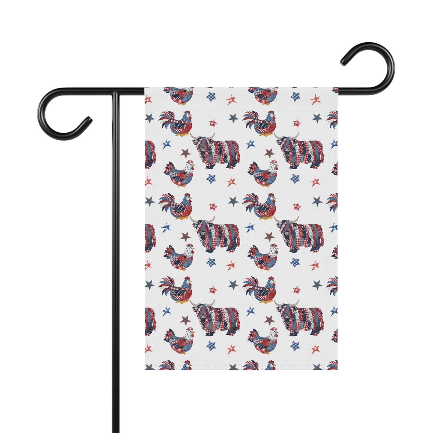 Patriotic Farm Animals Garden Flag | House Banner, Rooster & Highland Cow Stars Pattern