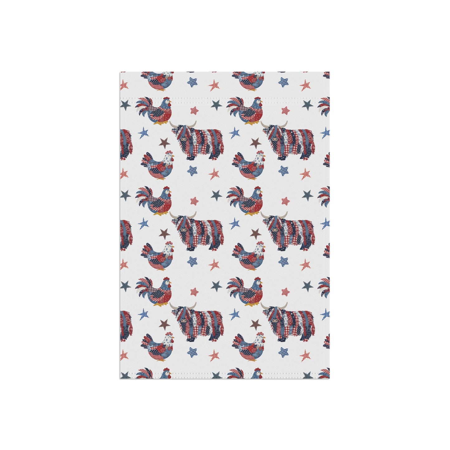 Patriotic Farm Animals Garden Flag | House Banner, Rooster & Highland Cow Stars Pattern