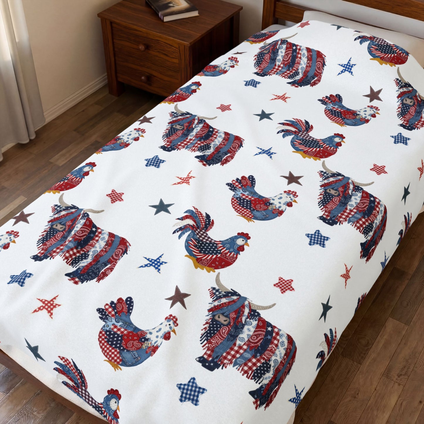 Patriotic Rooster and Highland Cow Velveteen Plush Blanket | Fourth of July farm animal pattern