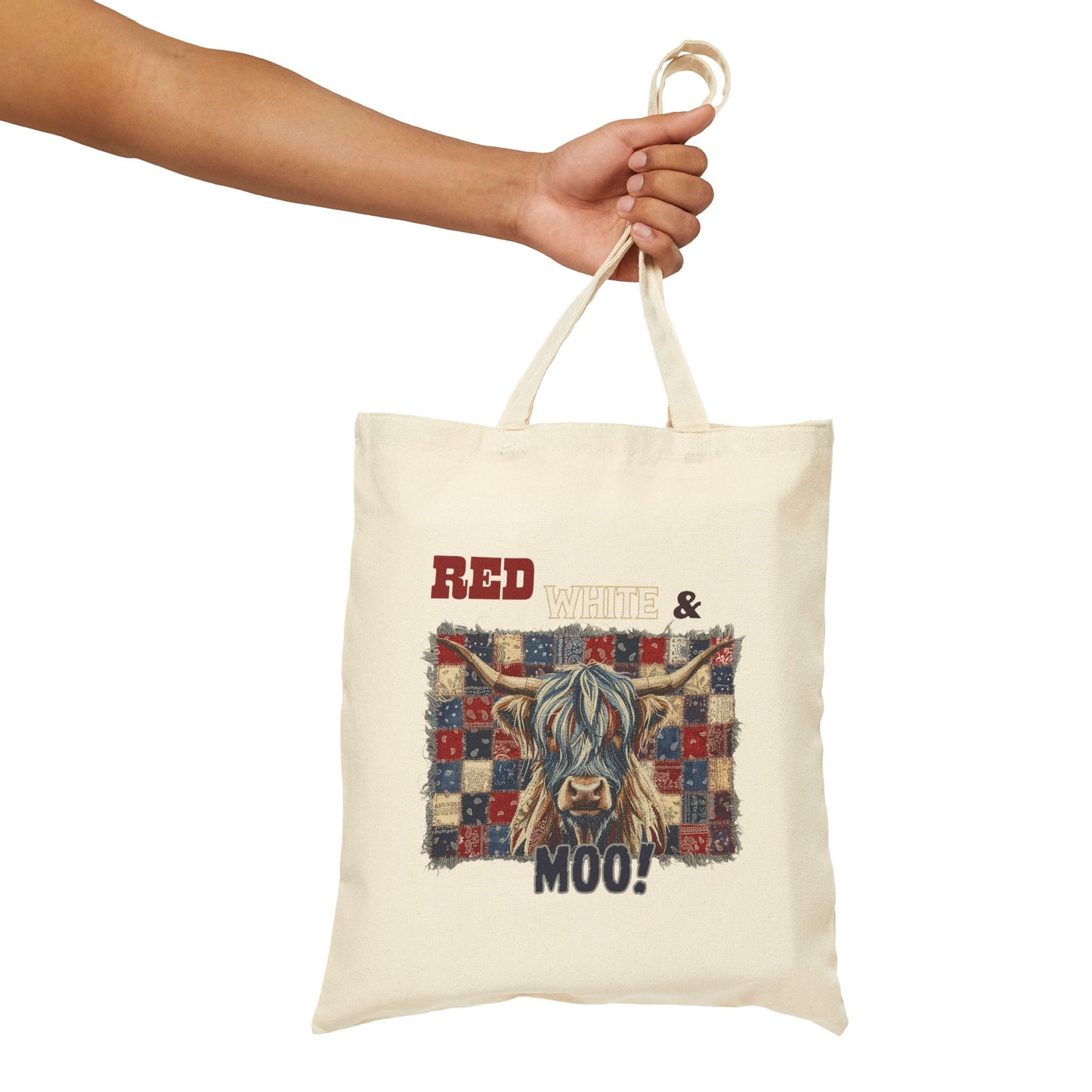 Red, White & Moo! Patriotic Highland Cow Illustration Tote Bag | Quilted Patchwork Ranch Art