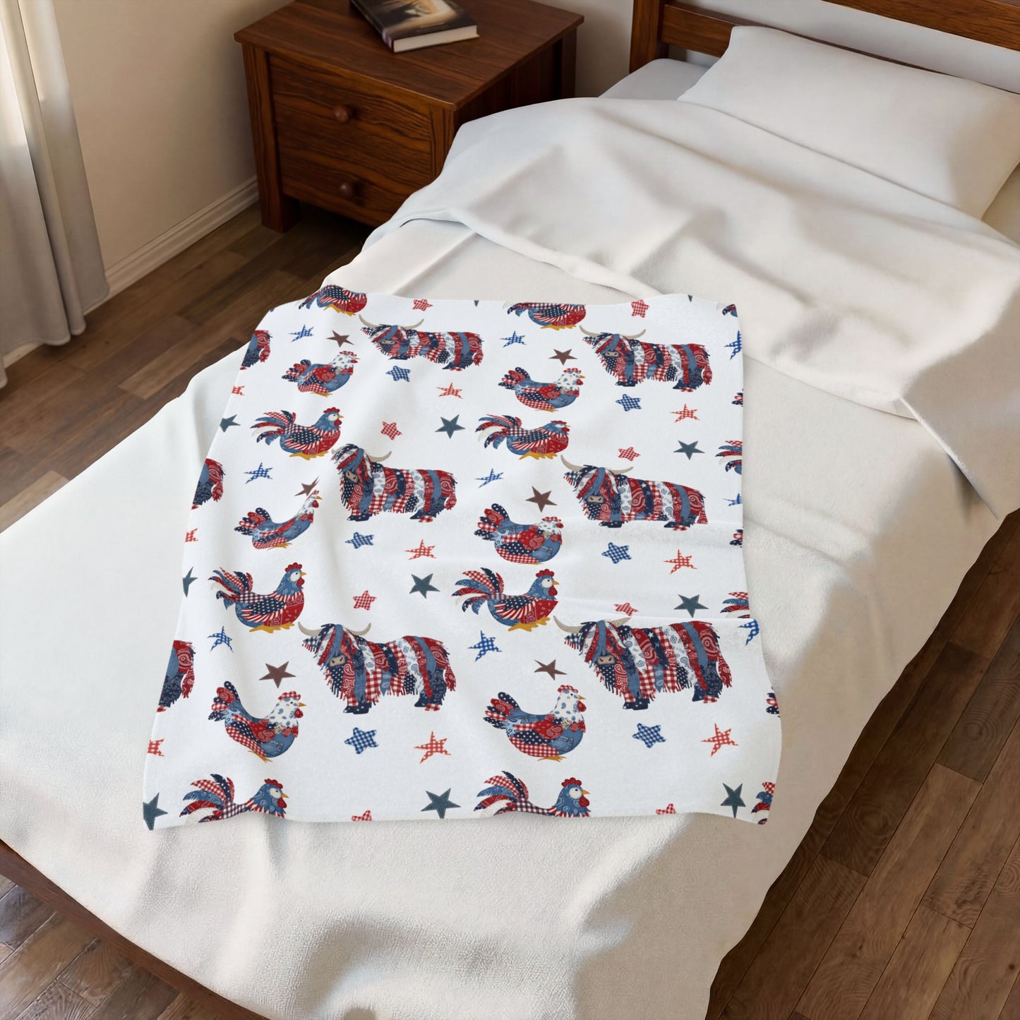 Patriotic Rooster and Highland Cow Velveteen Plush Blanket | Fourth of July farm animal pattern