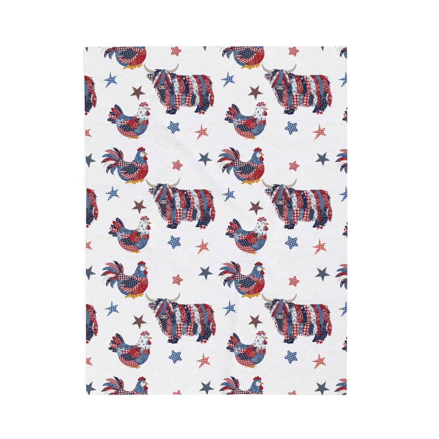 Patriotic Rooster and Highland Cow Velveteen Plush Blanket | Fourth of July farm animal pattern