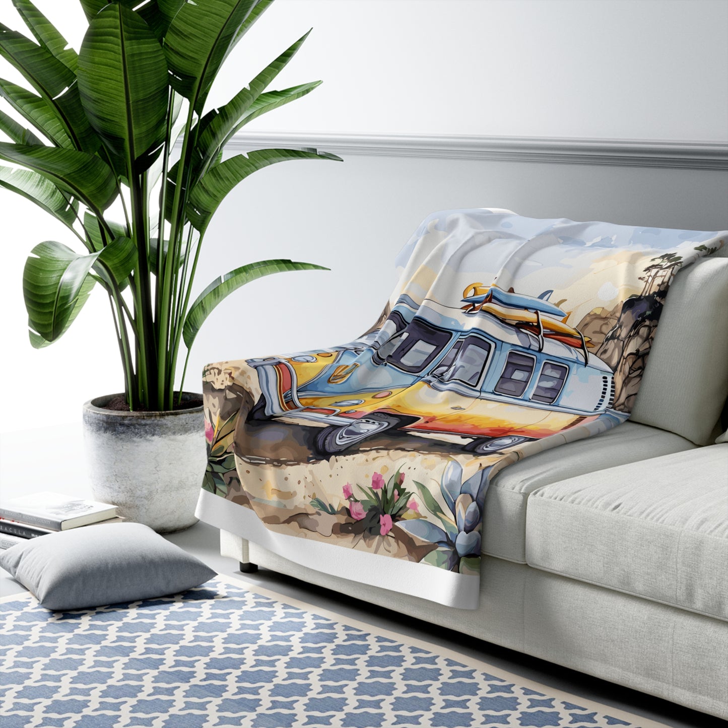 Sherpa Fleece Blanket, Watercolor Beach Bus Gift Vibrant, Coastal Home Decor, Summer Housewarming Present, Ocean Lover Throw, Tropical