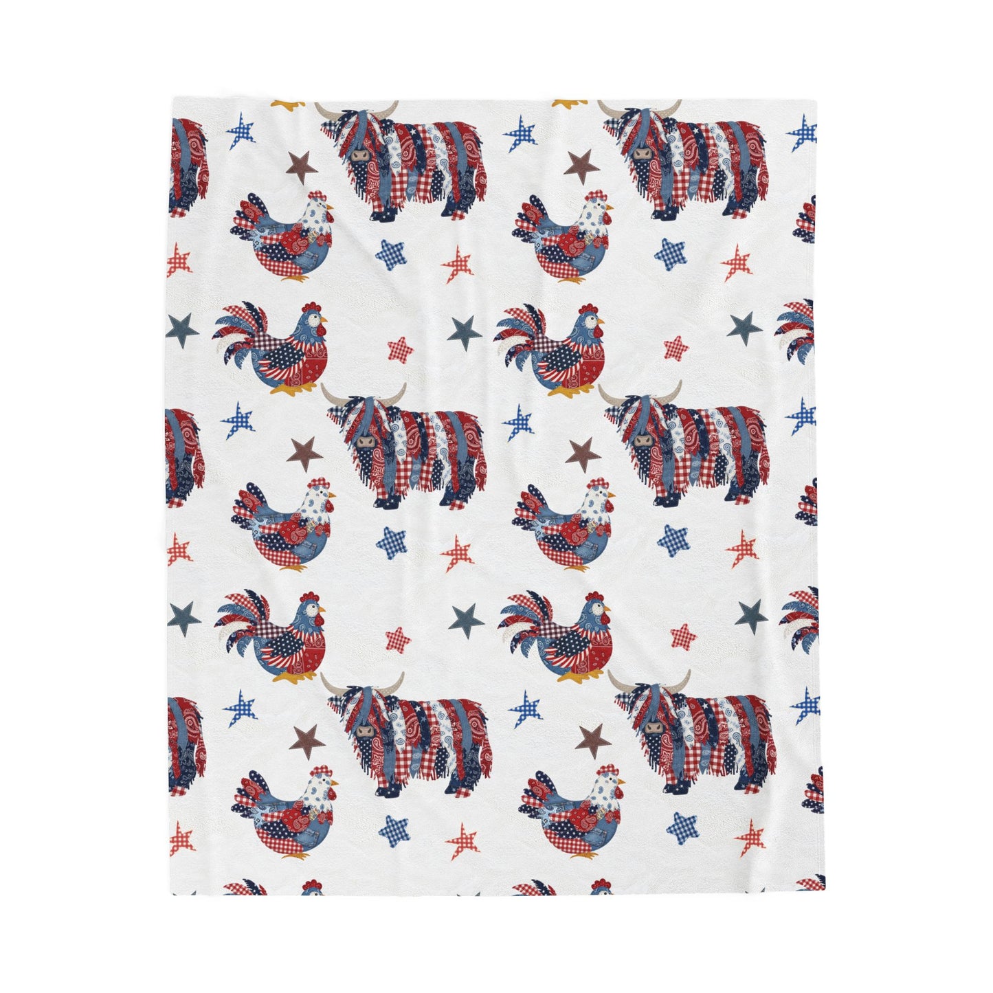 Patriotic Rooster and Highland Cow Velveteen Plush Blanket | Fourth of July farm animal pattern