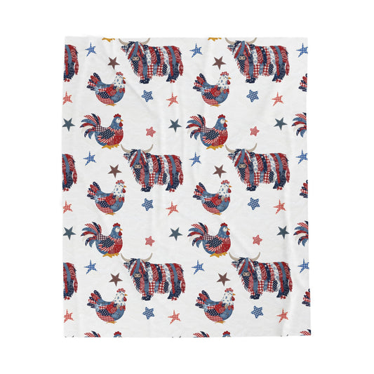 Patriotic Rooster and Highland Cow Velveteen Plush Blanket | Fourth of July farm animal pattern