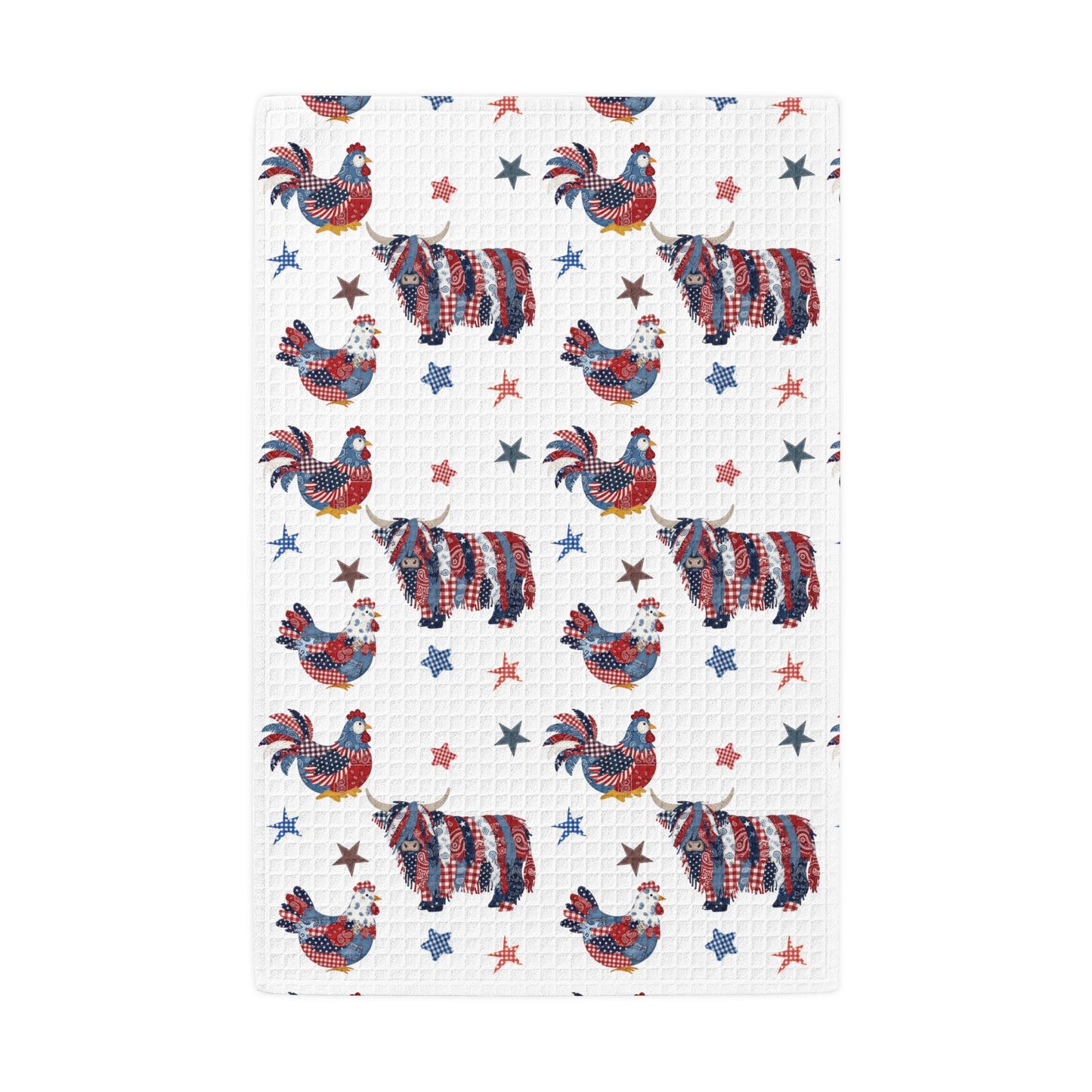 Patriotic Rooster and Highland Cow Pattern Waffle Weave Kitchen Hand Towel | Americana Stars