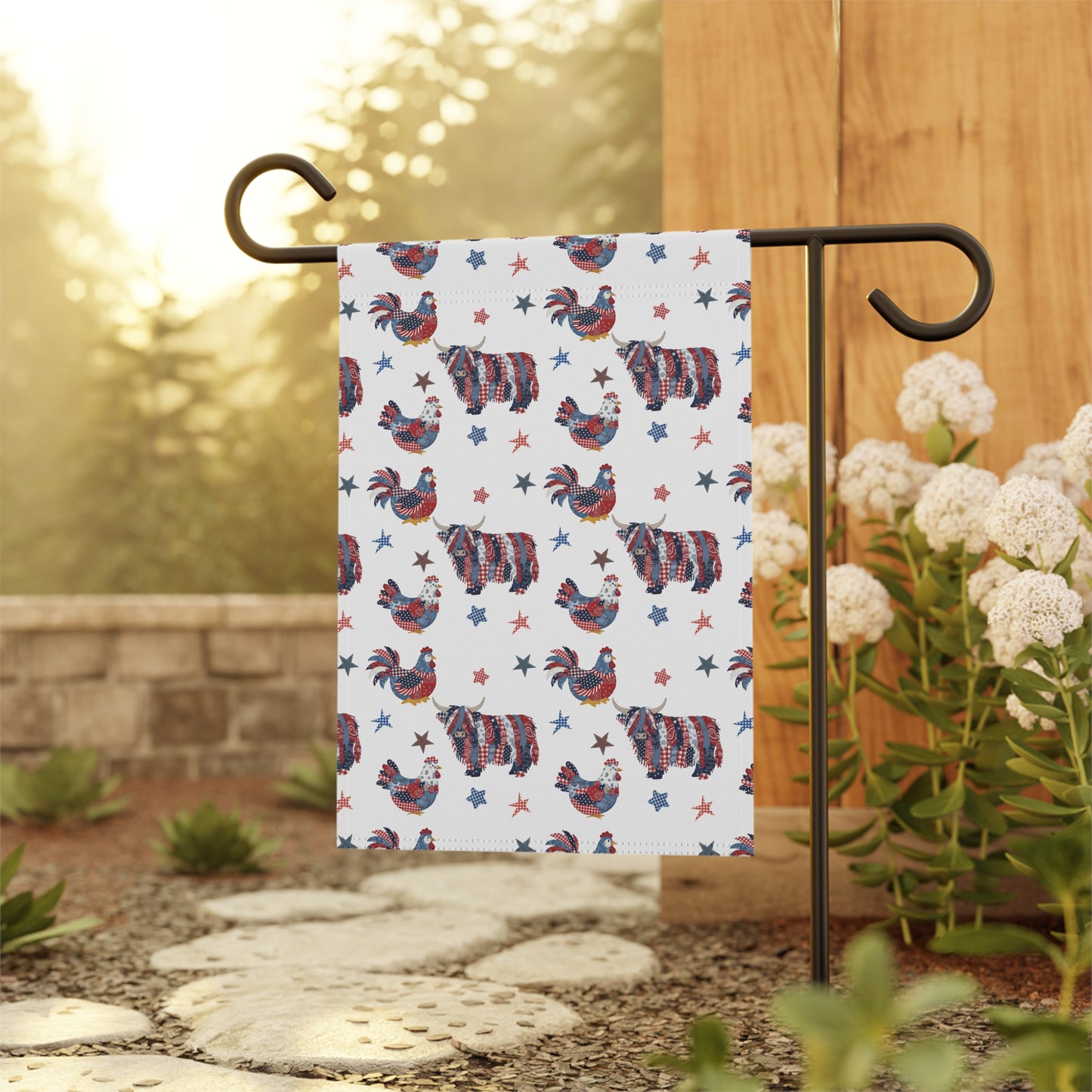 Patriotic Farm Animals Garden Flag | House Banner, Rooster & Highland Cow Stars Pattern