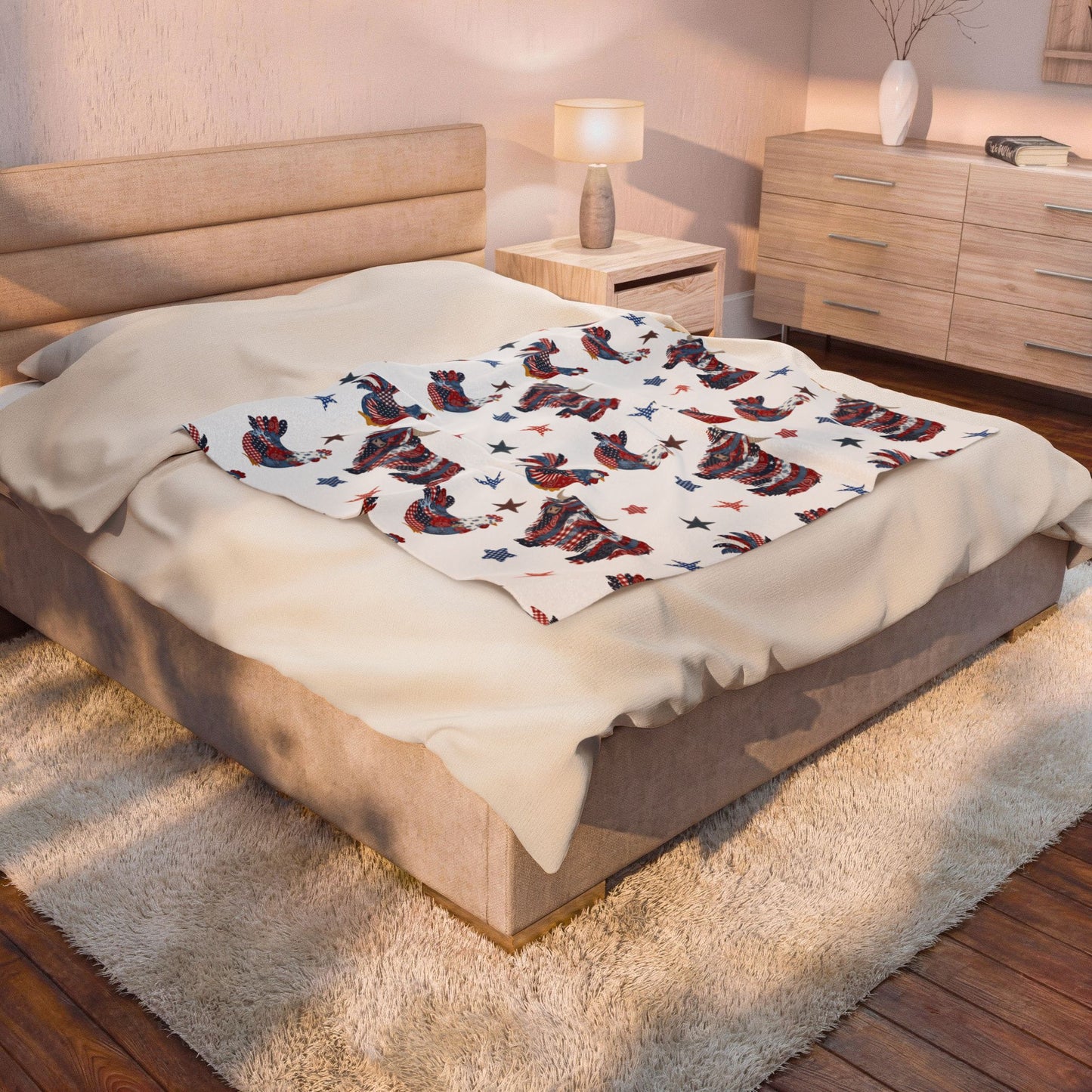 Patriotic Rooster and Highland Cow Velveteen Plush Blanket | Fourth of July farm animal pattern