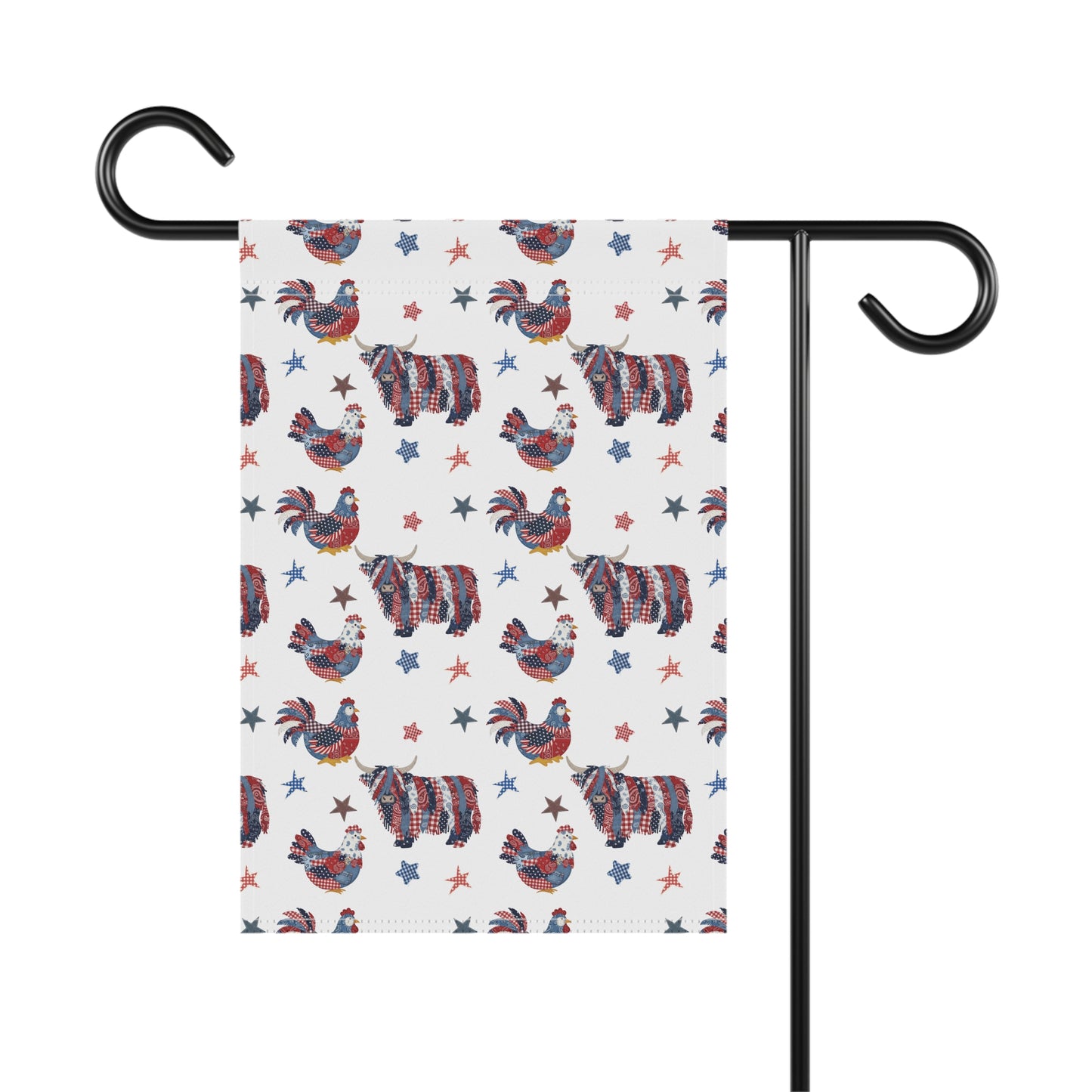 Patriotic Farm Animals Garden Flag | House Banner, Rooster & Highland Cow Stars Pattern