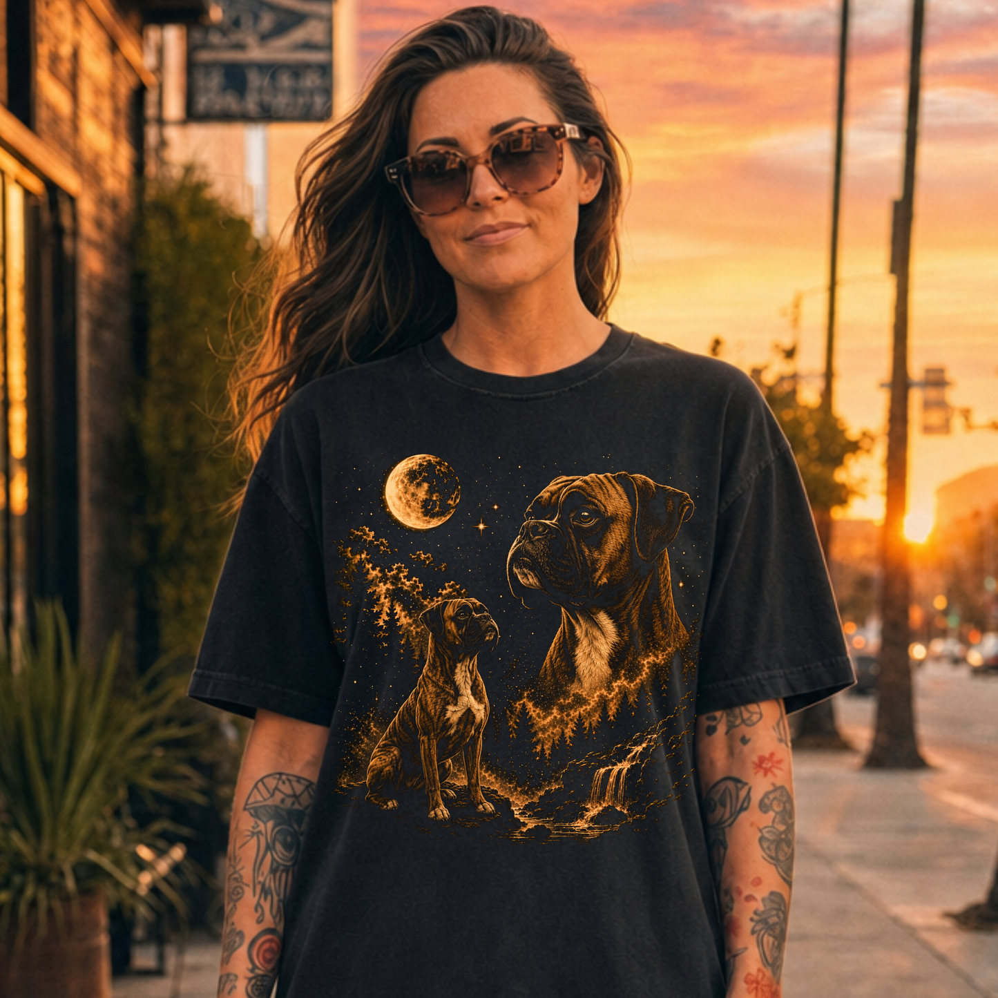 Woman wearing a black t-shirt with a Boxer dog graphics on a city street at sunset.