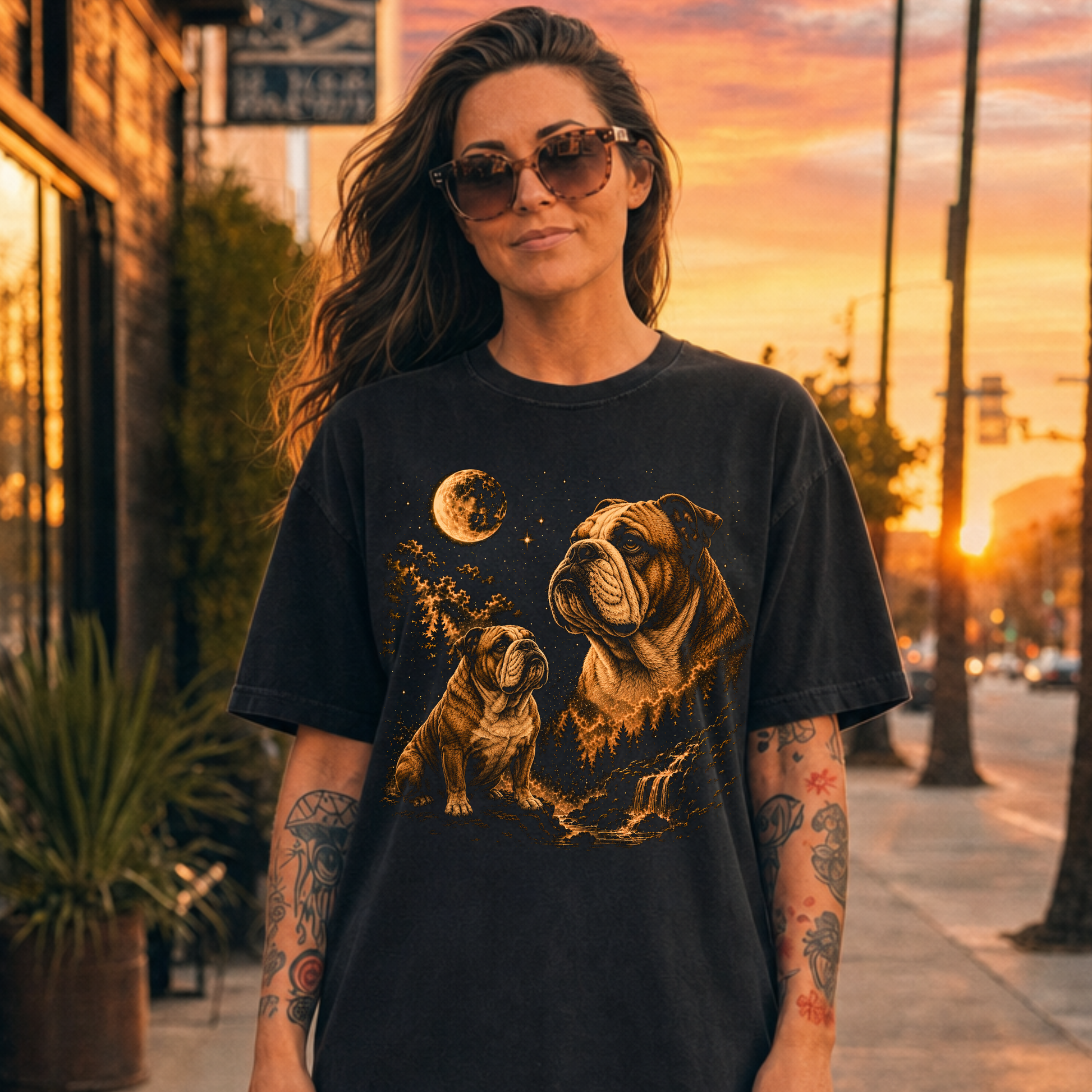 Woman wearing a black t-shirt with bulldog graphics at sunset.