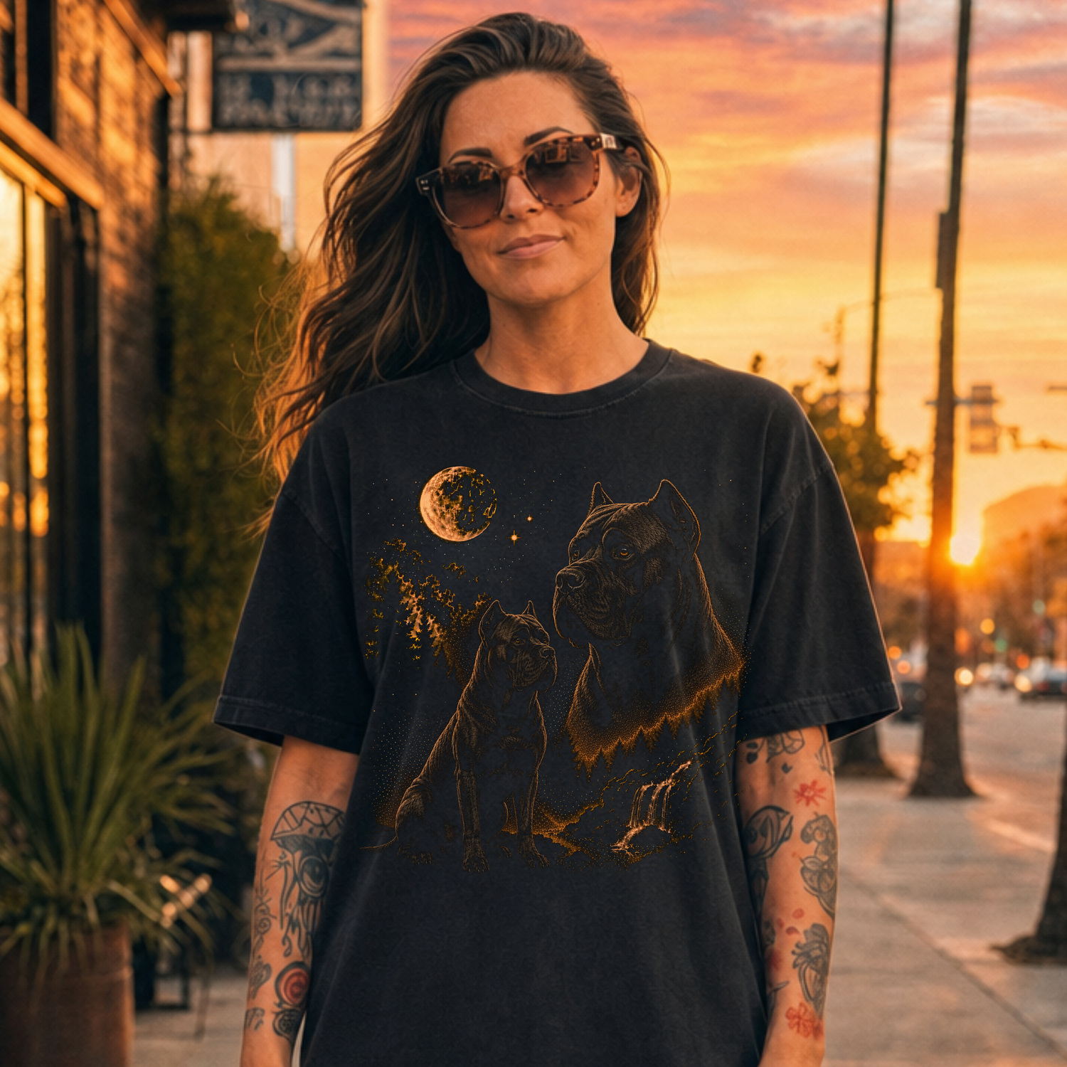 Woman wearing a black t-shirt with Cane Corso dog graphics and sunglasses, standing on a street at sunset.
