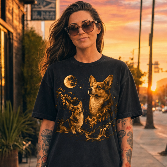 Woman wearing a black t-shirt with a corgi graphic and a moon, standing on a street at sunset.