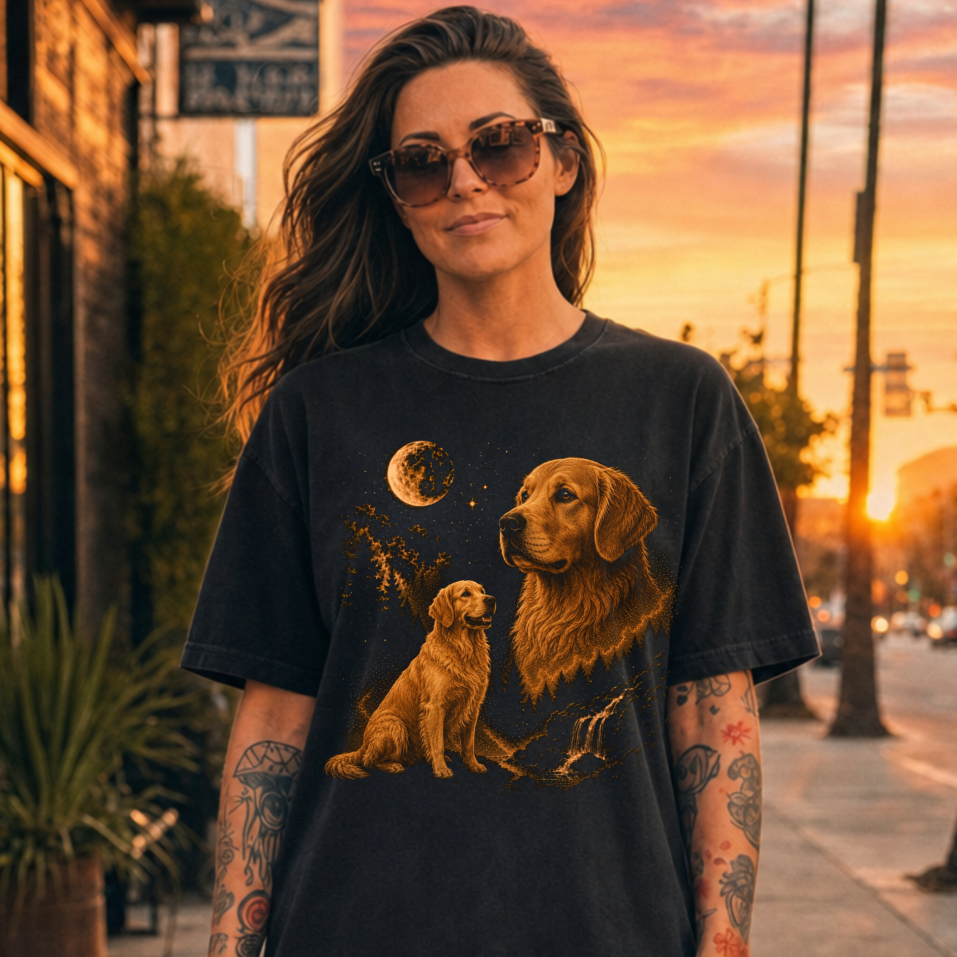 Woman wearing a black t-shirt with a  Golden Retrieverdog graphics against a sunset cityscape.