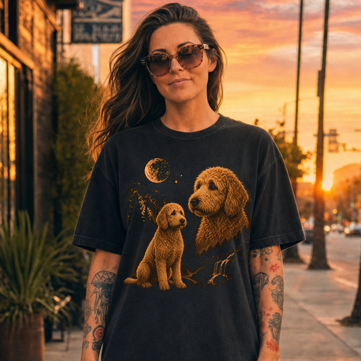 Woman wearing a black t-shirt with Goldendoodle graphics on a city street at sunset.