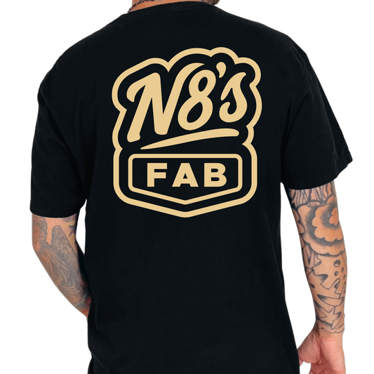 Black t-shirt with gold 'N8's FAB' logo on the back