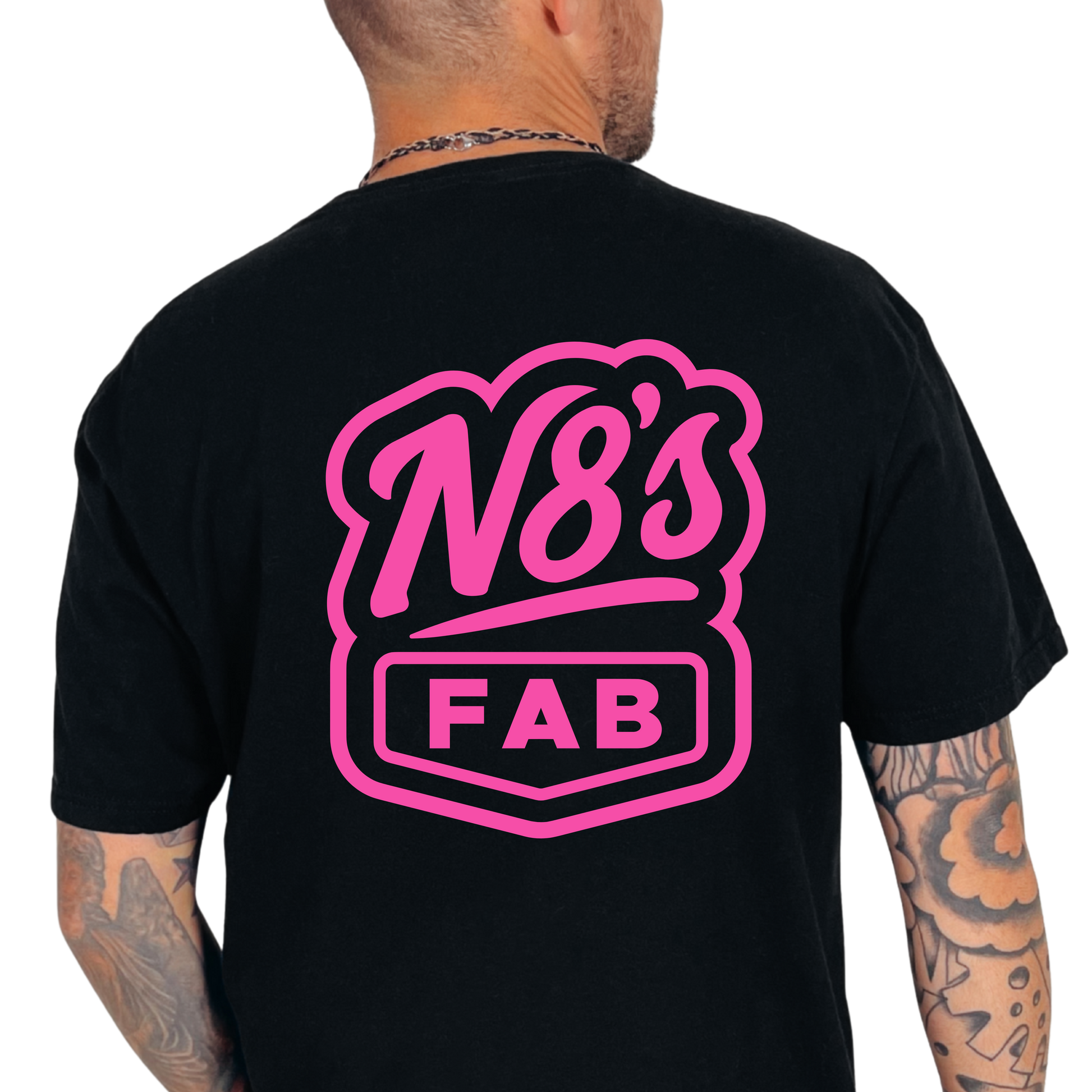 Black t-shirt with pink 'N8's FAB' logo on the back, worn by a person.