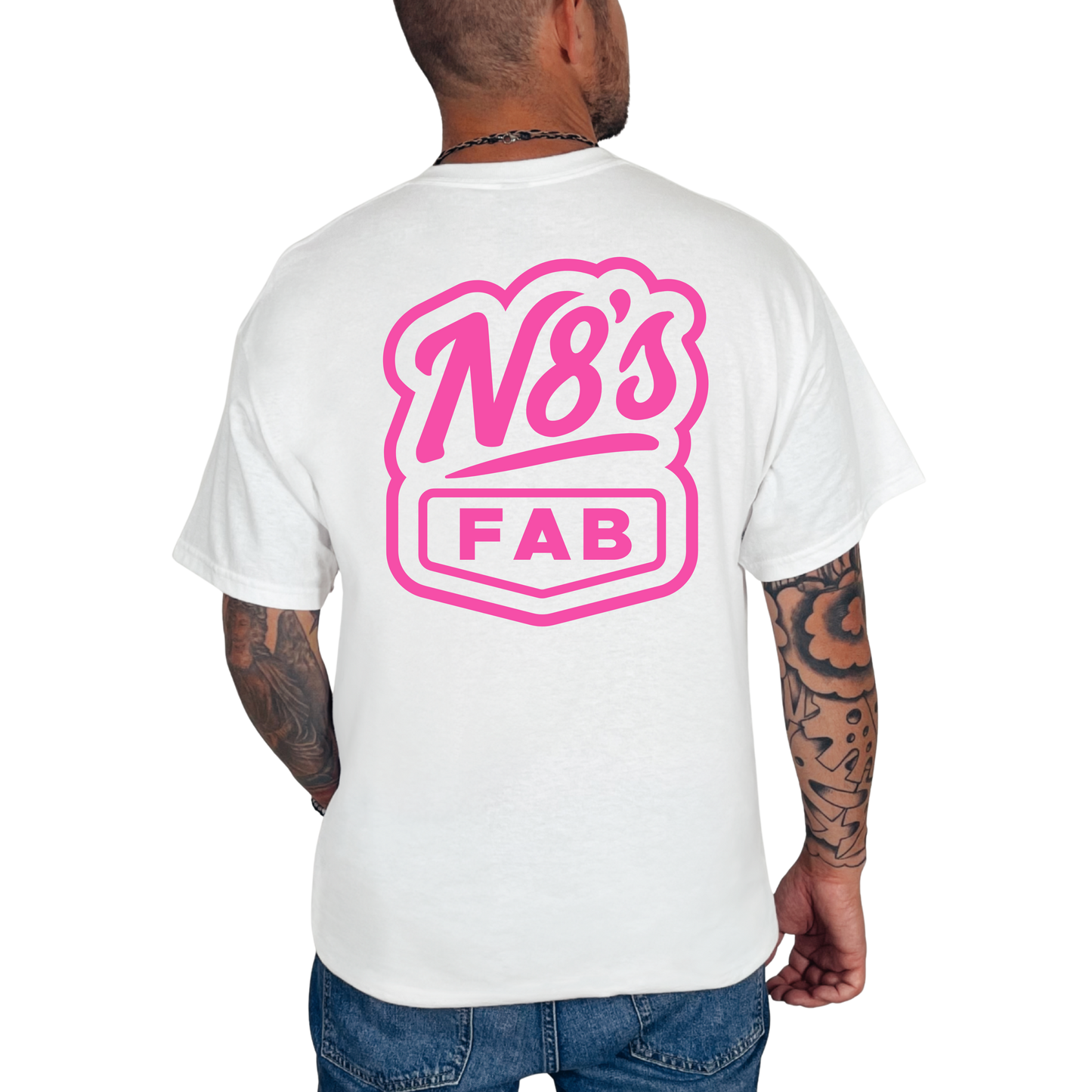 Person wearing a white t-shirt with pink 'N8's Fab' logo on the back.