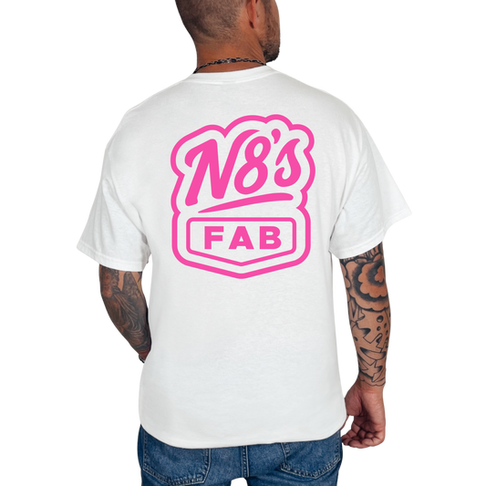 Person wearing a white t-shirt with pink 'N8's Fab' logo on the back.