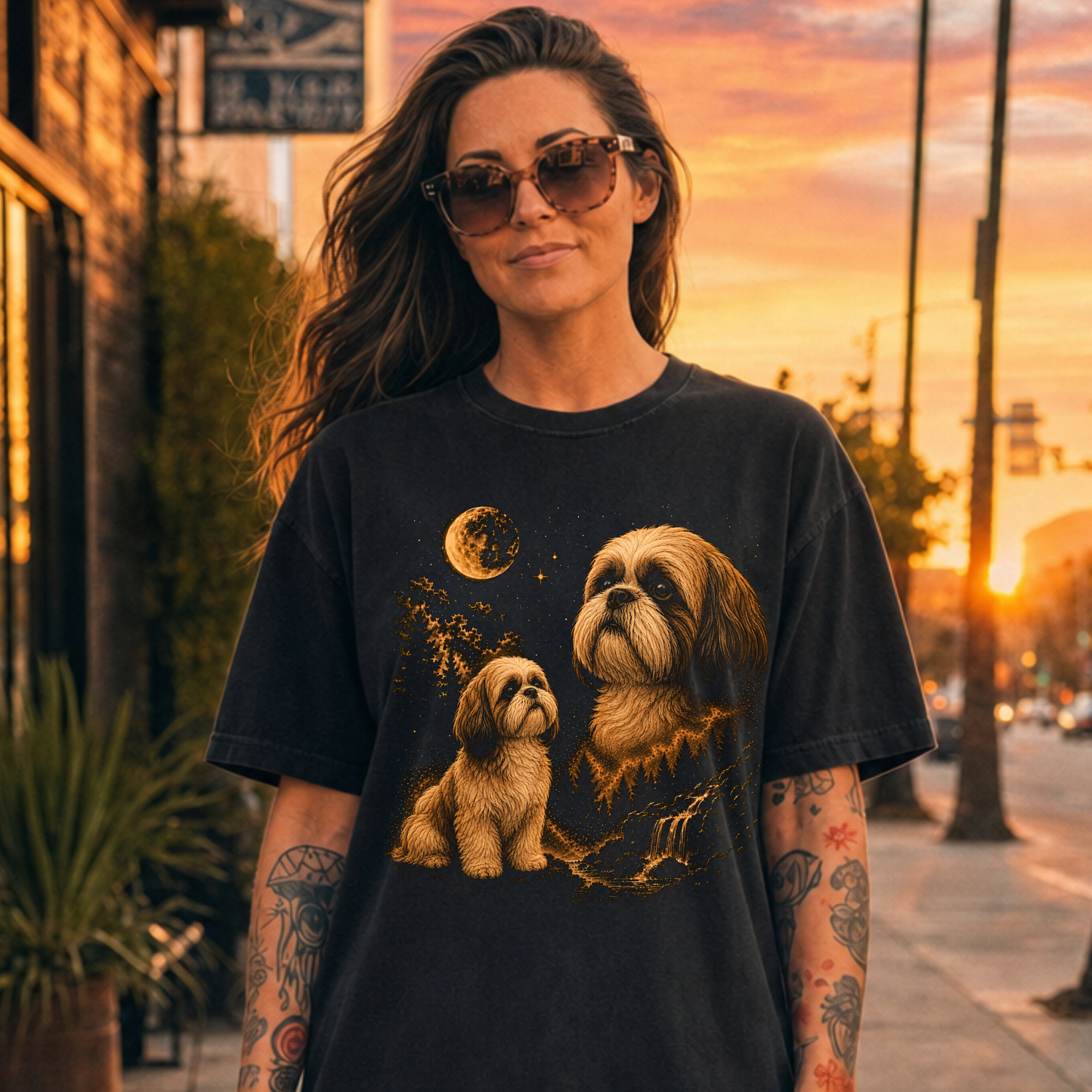 Woman wearing a black t-shirt with a  Shih Tzu dog graphics on a city street at sunset.
