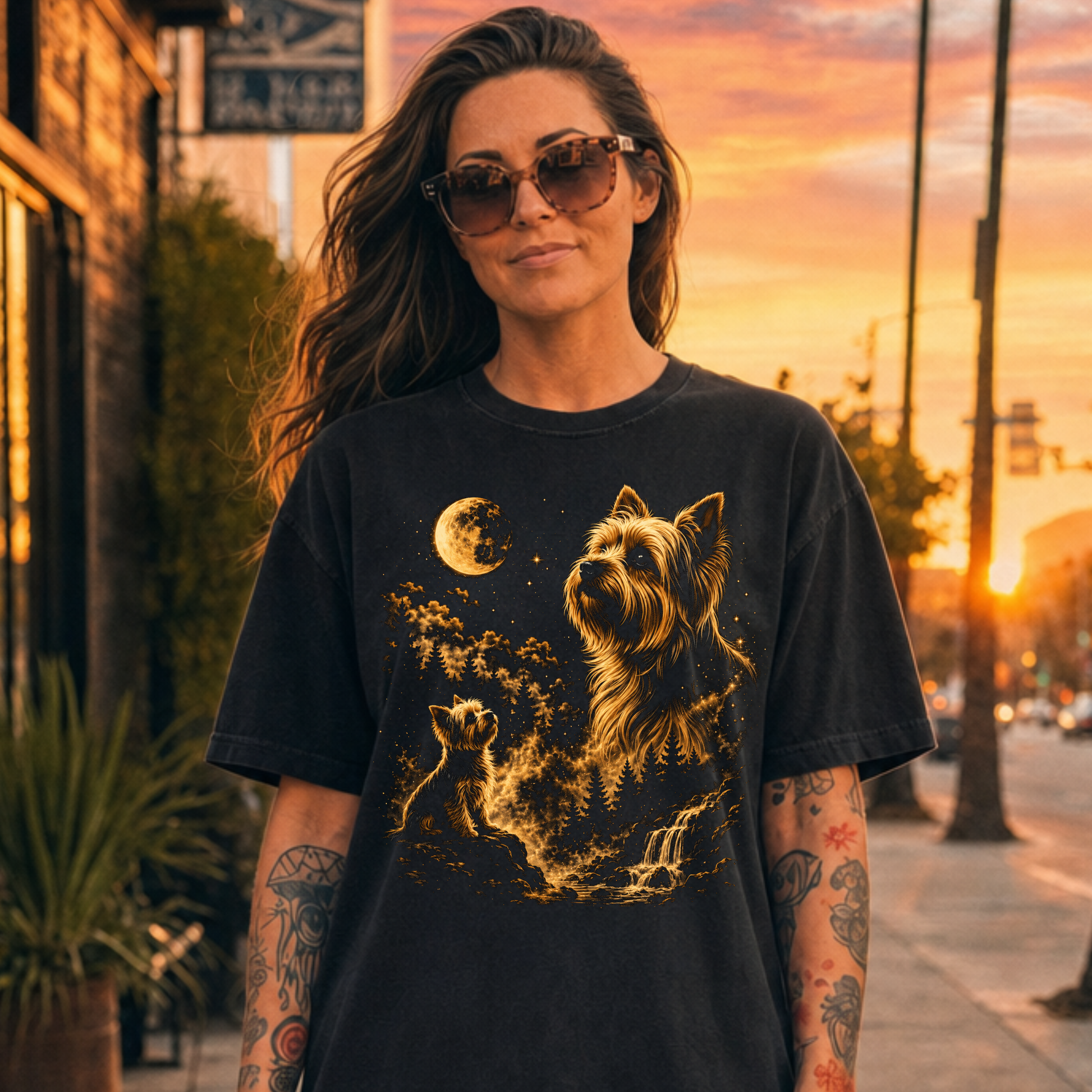 Woman wearing a black t-shirt with a Yorkshire Terrier dog graphic at sunset.